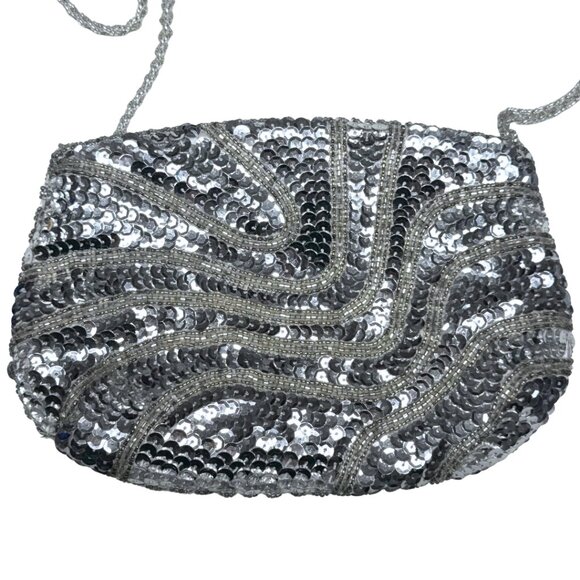 Vintage Carla Marchi Silver Sequin Evening Purse Crossbody Bag - Picture 10 of 11